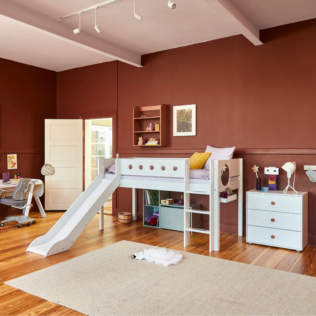 Lit surélevé 120 cm avec toboggan, échelle et barrière de sécurité, 90x200 cm, Blanc