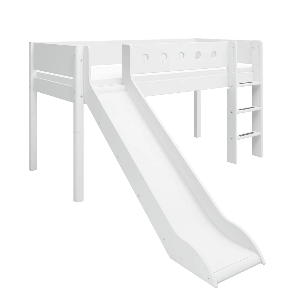Lit surélevé 120 cm avec toboggan, échelle et barrière de sécurité, 90x200 cm, Blanc