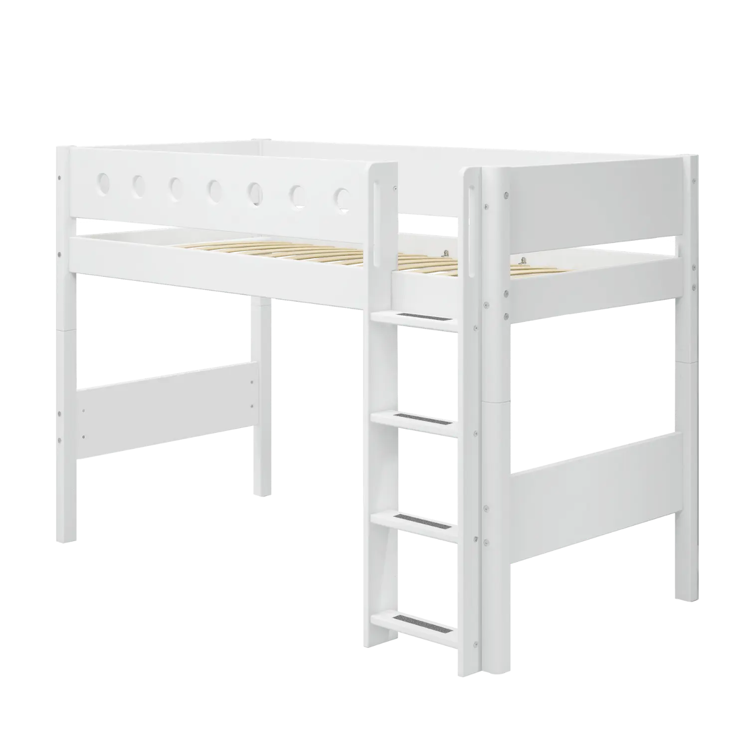 Lit mezzanine 143 cm avec échelle et barrière de sécurité, 90x200 cm, Blanc