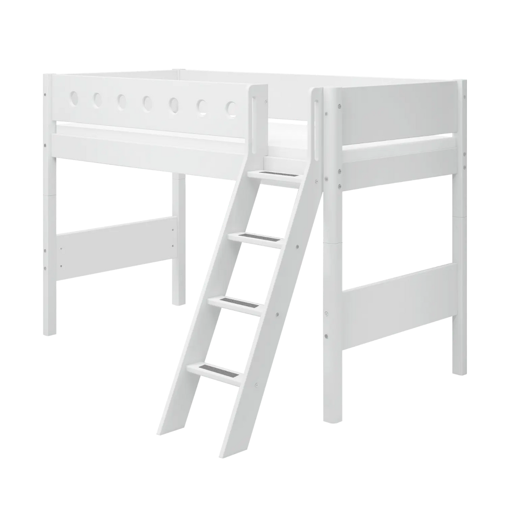 Lit surélevé 143 cm avec échelle et barrière de sécurité, 90x200 cm, Blanc