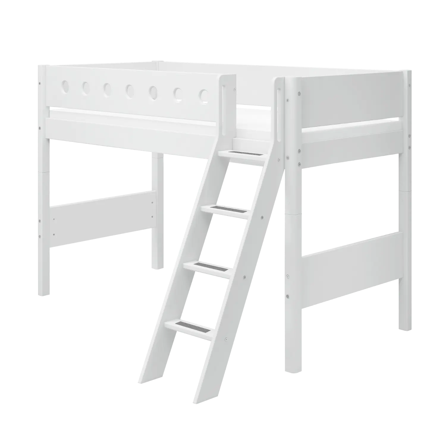 Lit surélevé 143 cm avec échelle et barrière de sécurité, 90x200 cm, Blanc