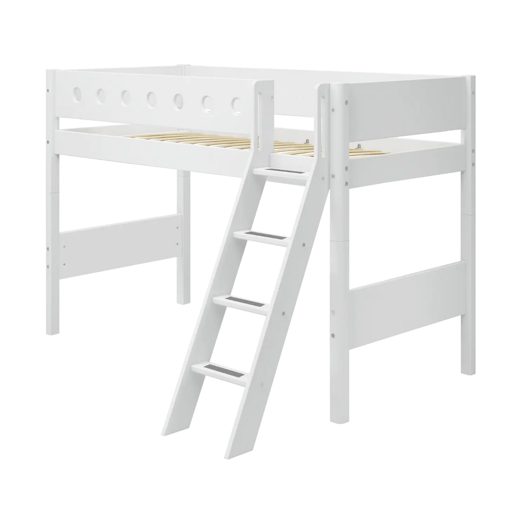 Lit surélevé 143 cm avec échelle et barrière de sécurité, 90x200 cm, Blanc