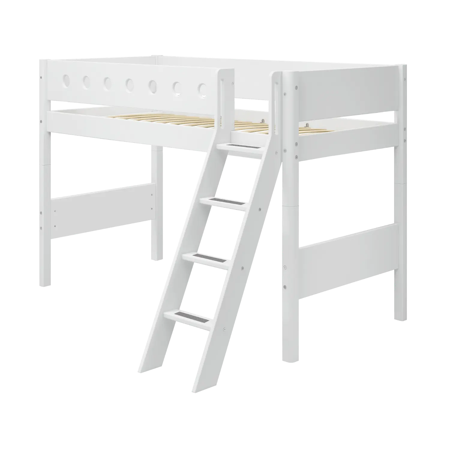 Lit surélevé 143 cm avec échelle et barrière de sécurité, 90x200 cm, Blanc