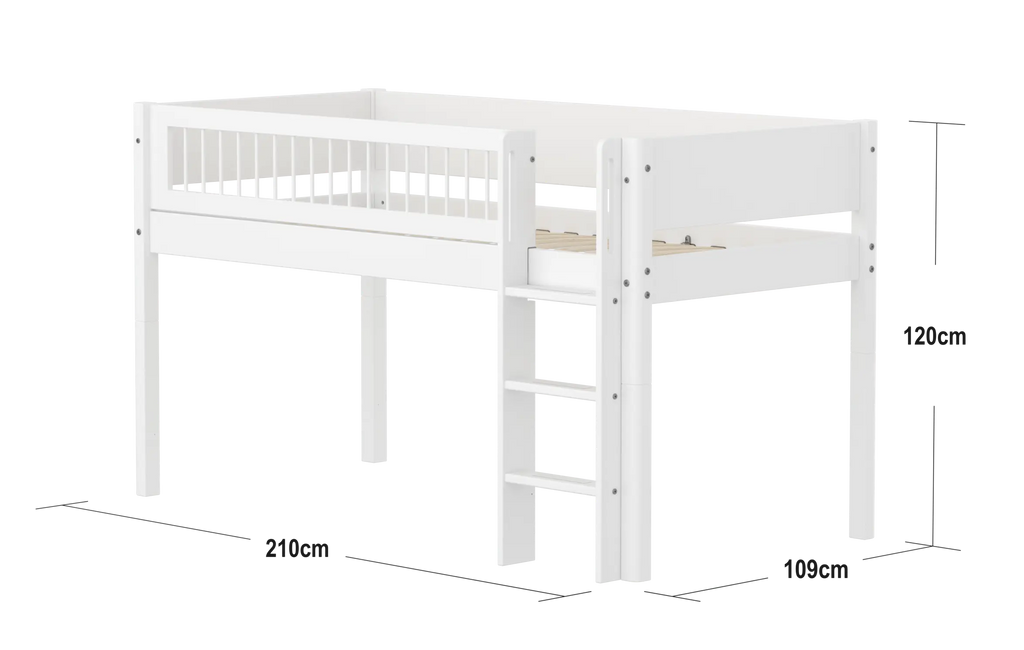 Lit mezzanine 120 cm avec échelle et barrière de sécurité, 90x200 cm, Blanc