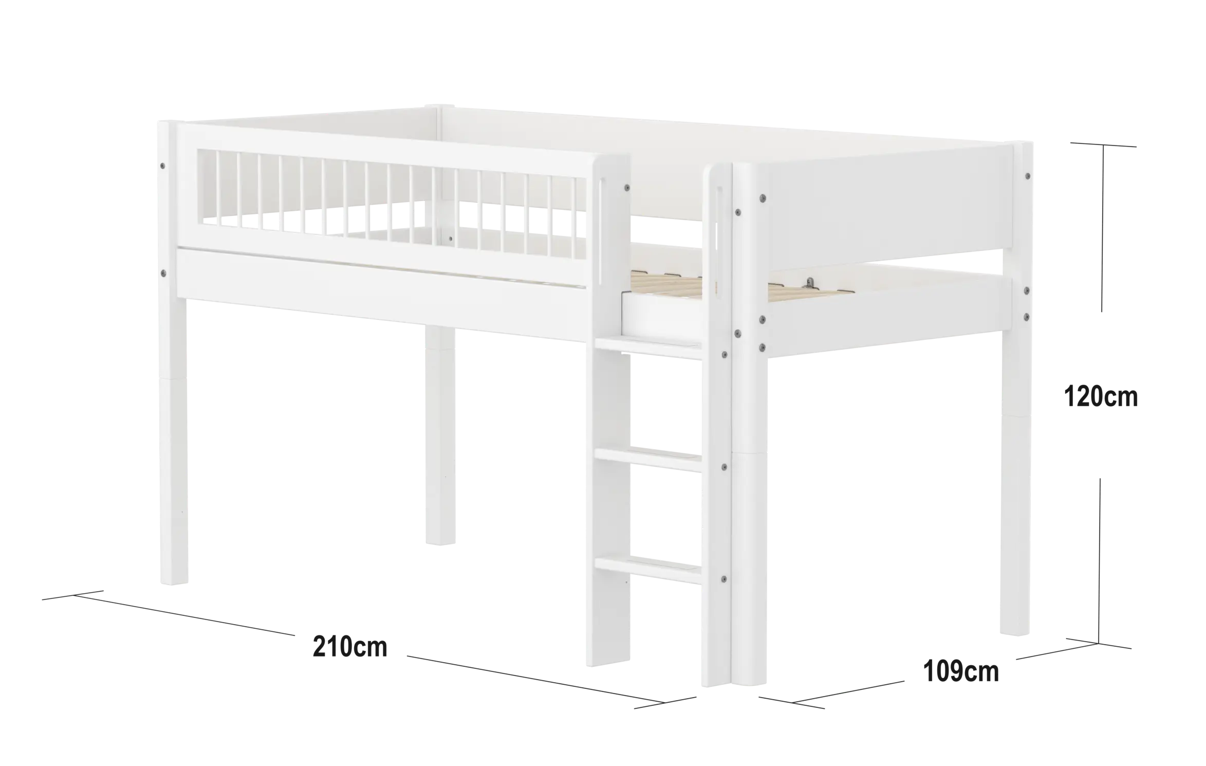 Lit mezzanine 120 cm avec échelle et barrière de sécurité, 90x200 cm, Blanc