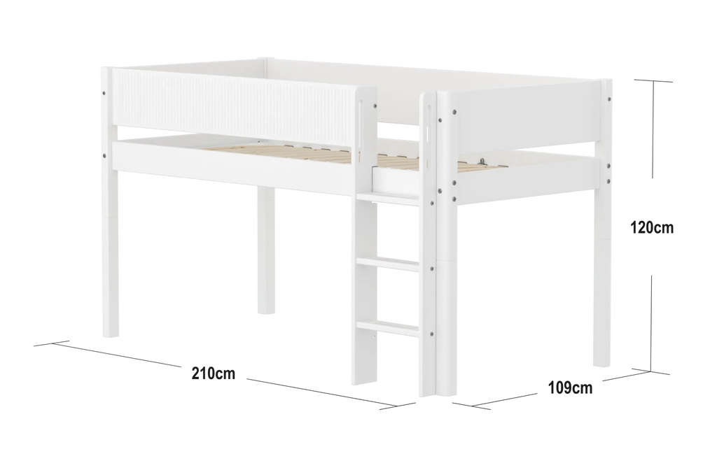 Lit mezzanine 120 cm avec échelle et barrière de sécurité, 90x200 cm, Blanc
