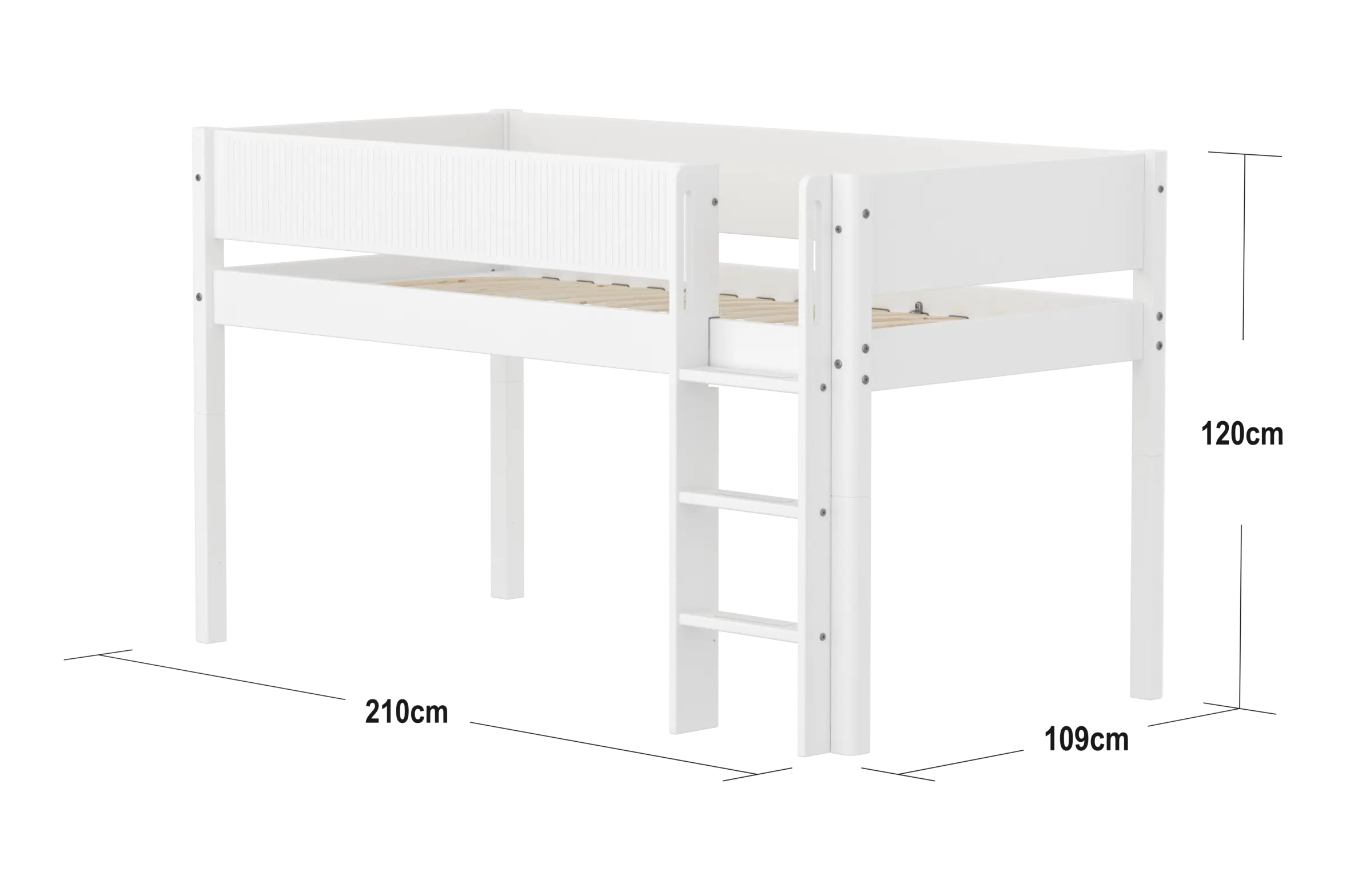 Lit mezzanine 120 cm avec échelle et barrière de sécurité, 90x200 cm, Blanc