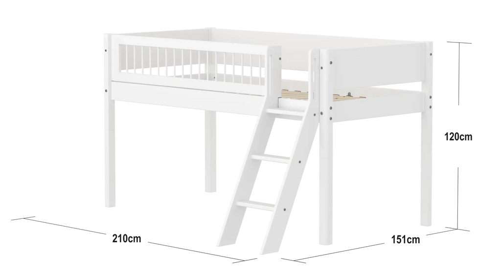 Lit mezzanine 120 cm avec échelle et barrière de sécurité, 90x200 cm, Blanc