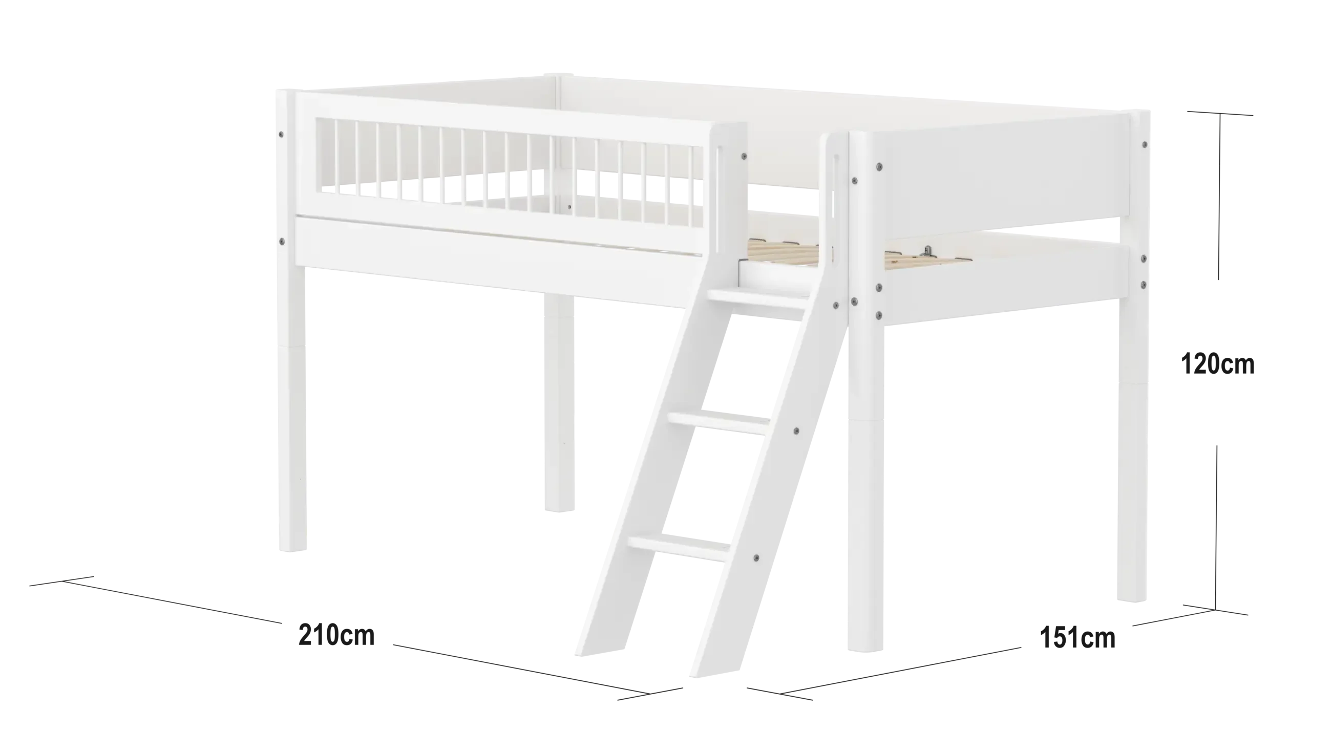 Lit mezzanine 120 cm avec échelle et barrière de sécurité, 90x200 cm, Blanc