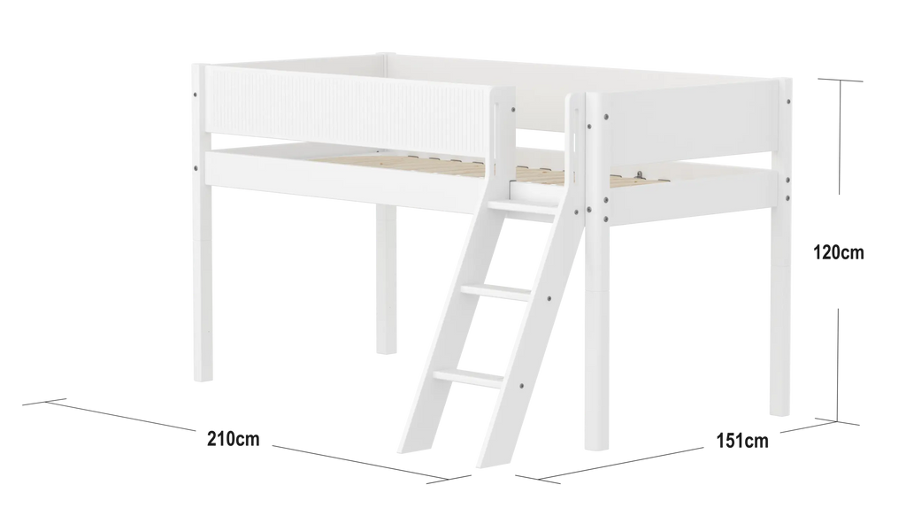 Lit en hauteur 120 cm avec échelle et barrière de sécurité, 90x200 cm, Blanc