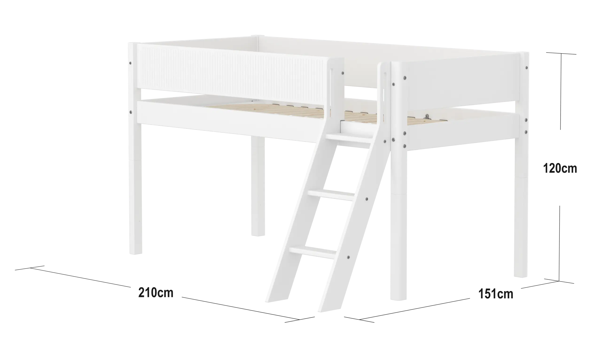 Lit en hauteur 120 cm avec échelle et barrière de sécurité, 90x200 cm, Blanc