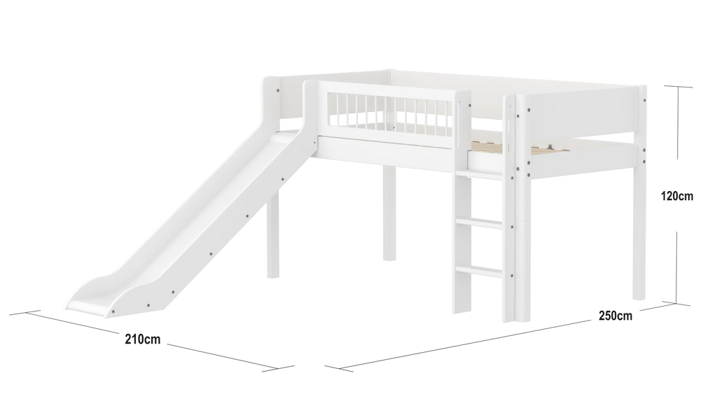 Lit mezzanine 120 cm avec toboggan, échelle et barrière de sécurité, 90x200 cm, blanc