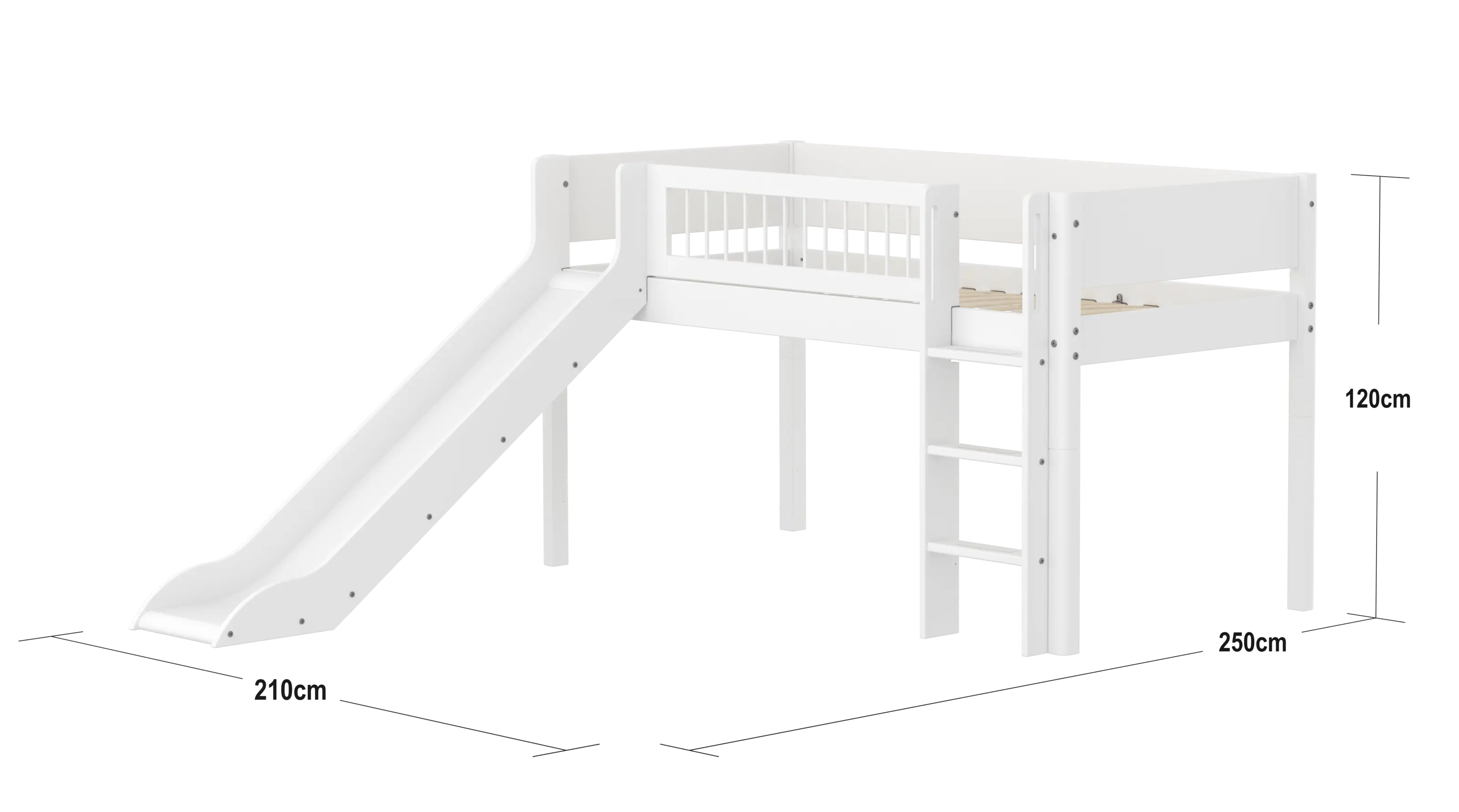 Lit mezzanine 120 cm avec toboggan, échelle et barrière de sécurité, 90x200 cm, blanc