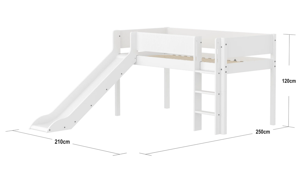 Lit superposé 120 cm avec toboggan, échelle et barrière de sécurité, 90x200 cm, Blanc