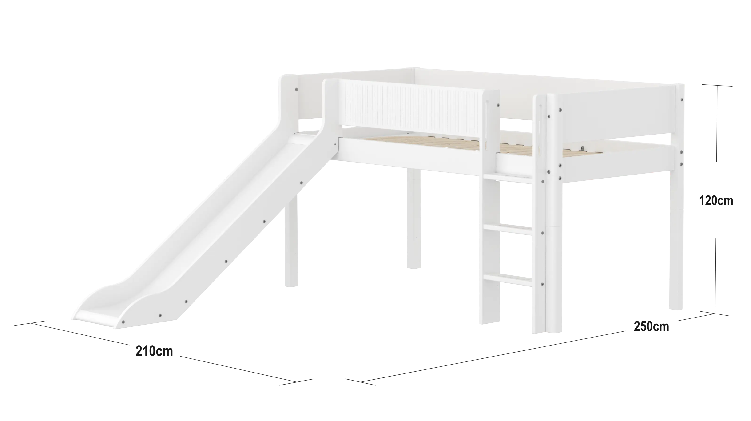 Lit superposé 120 cm avec toboggan, échelle et barrière de sécurité, 90x200 cm, Blanc