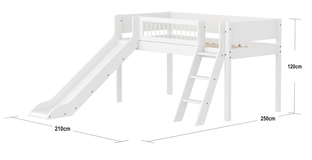 Lit mezzanine 120 cm avec toboggan, échelle et barrière de sécurité, 90x200 cm, Blanc