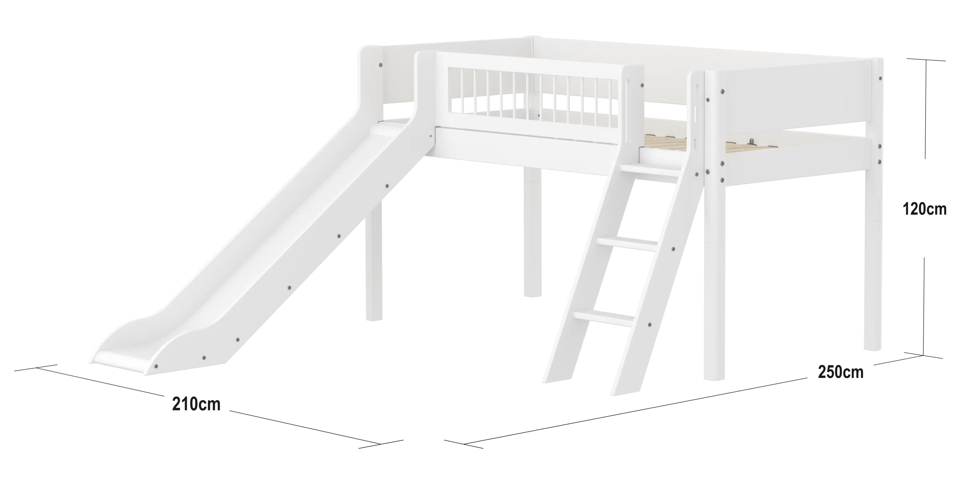 Lit mezzanine 120 cm avec toboggan, échelle et barrière de sécurité, 90x200 cm, Blanc