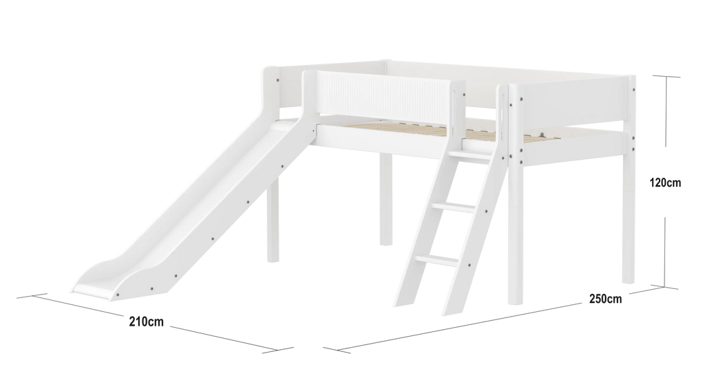 Lit surélevé 120 cm avec toboggan, échelle et barrière de sécurité, 90x200 cm, Blanc