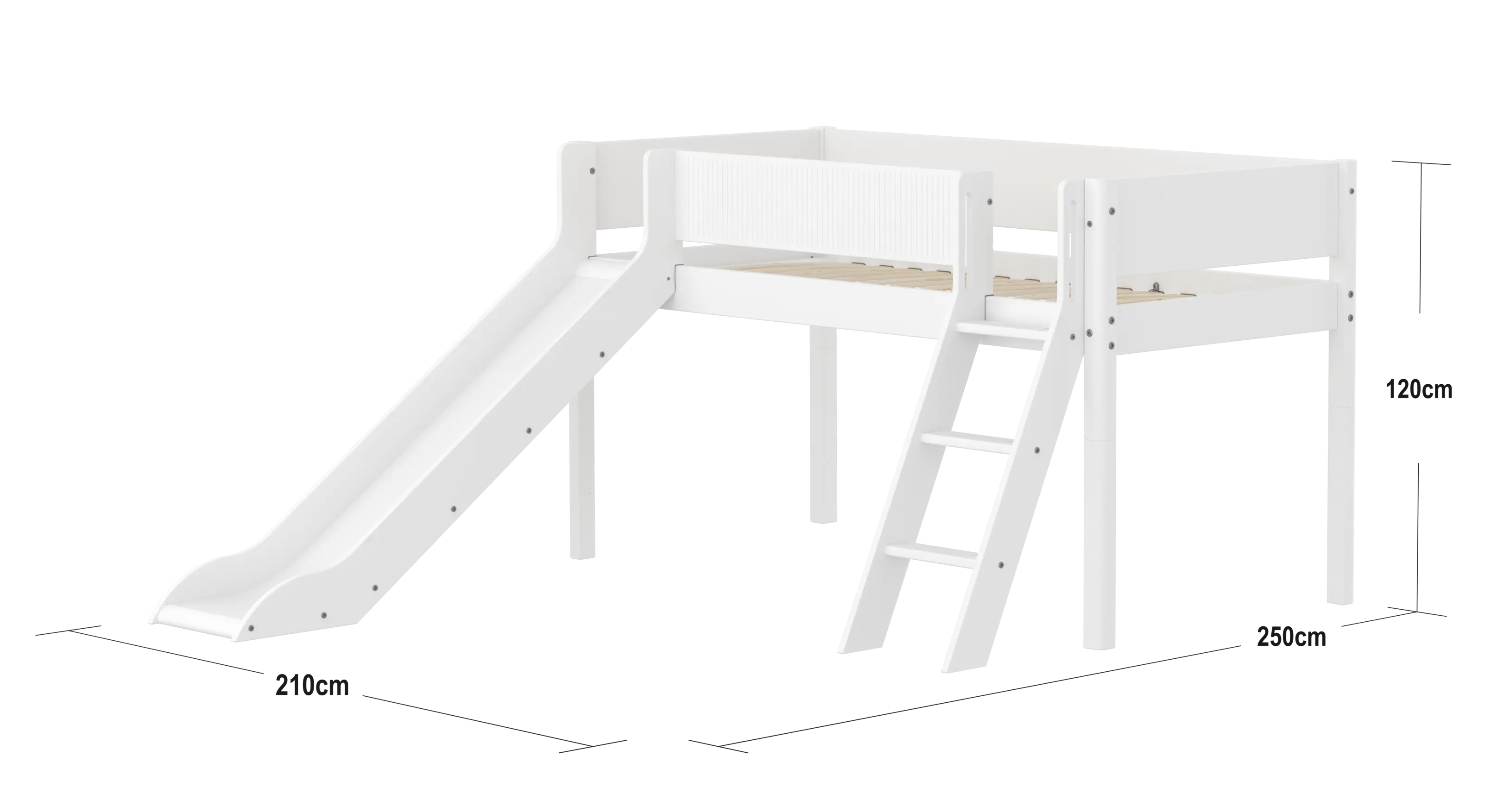 Lit surélevé 120 cm avec toboggan, échelle et barrière de sécurité, 90x200 cm, Blanc