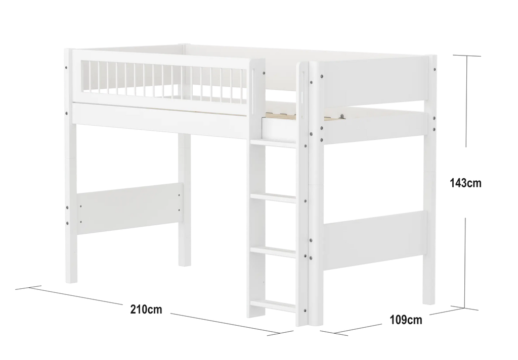 Lit mezzanine 143 cm avec échelle et barrière de sécurité, 90x200 cm, Blanc