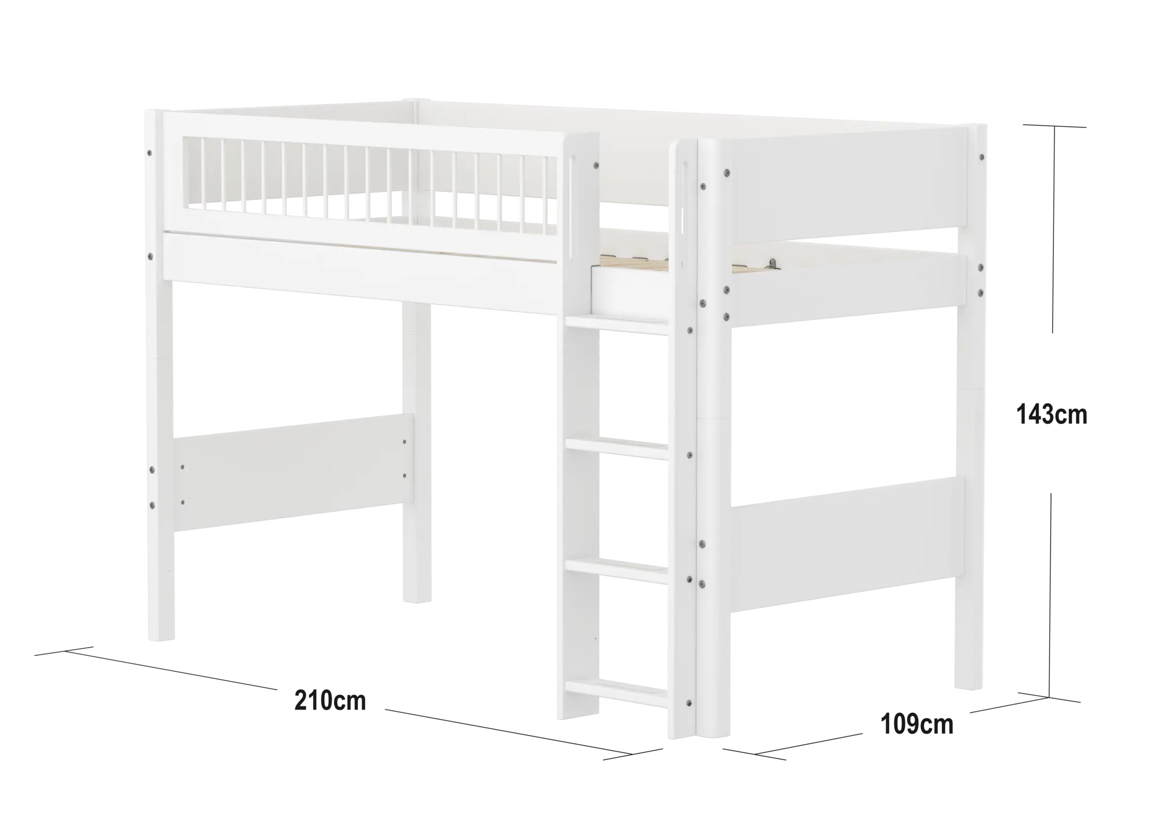 Lit mezzanine 143 cm avec échelle et barrière de sécurité, 90x200 cm, Blanc