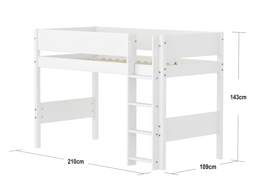 Lit surélevé 143 cm avec échelle et barrière de sécurité, 90x200 cm, Blanc