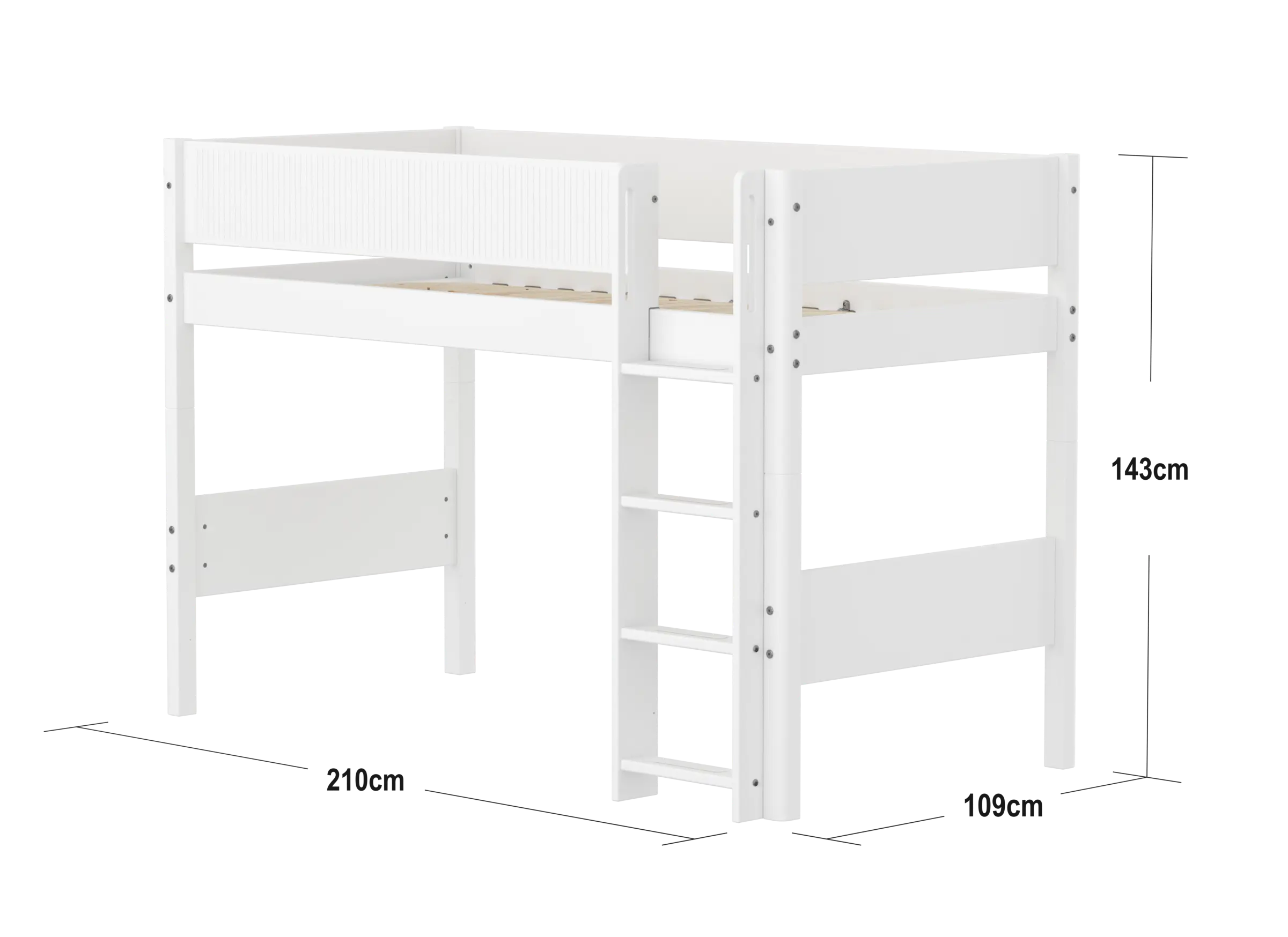 Lit surélevé 143 cm avec échelle et barrière de sécurité, 90x200 cm, Blanc