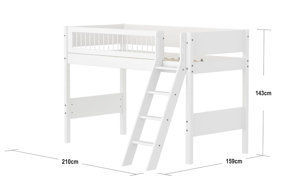 Lit surélevé 143 cm avec échelle et barrière de sécurité, 90x200 cm, Blanc