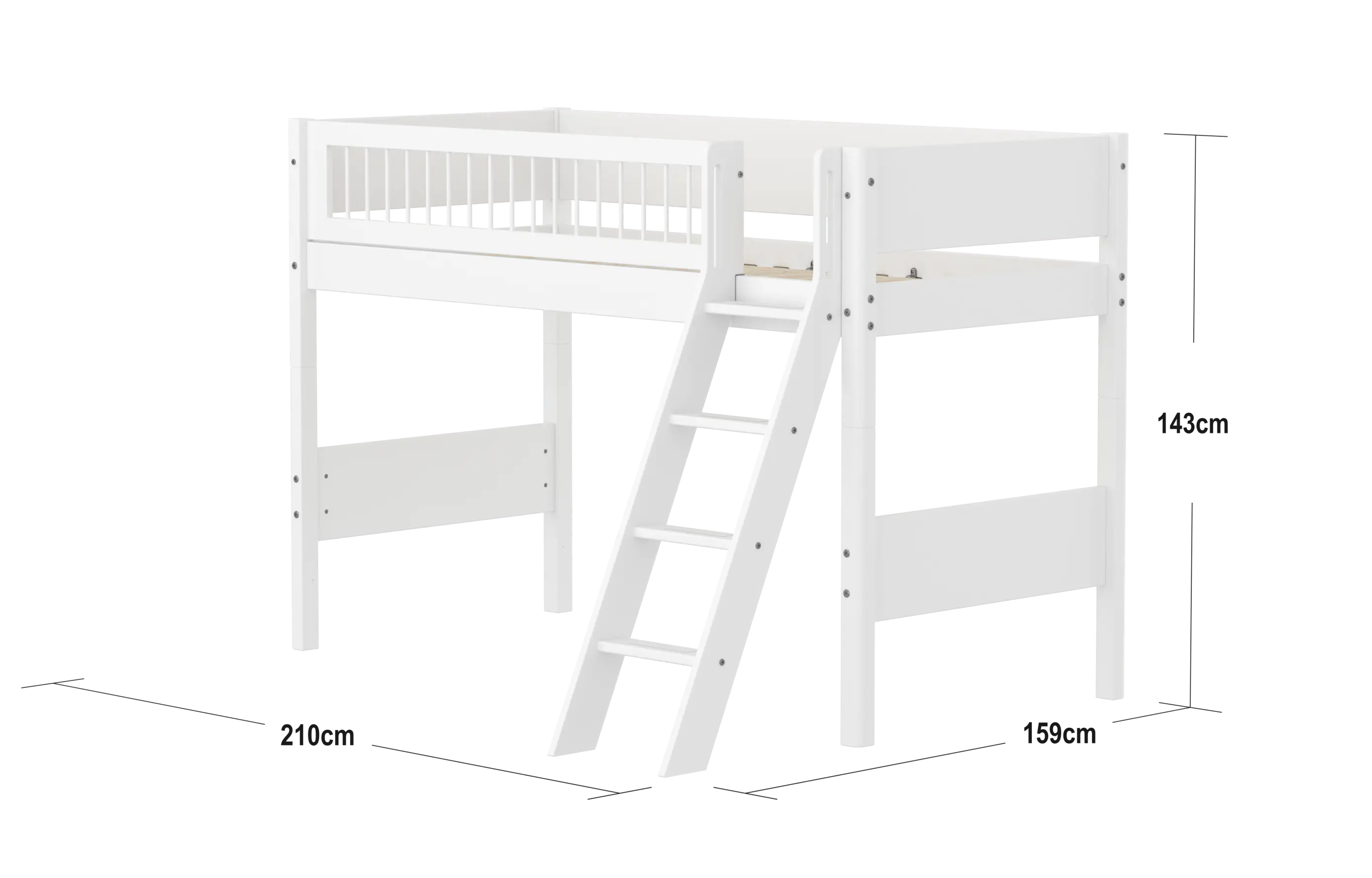 Lit surélevé 143 cm avec échelle et barrière de sécurité, 90x200 cm, Blanc