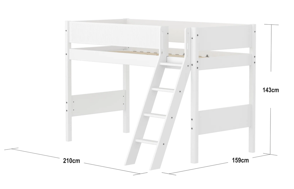 Lit surélevé 143 cm avec échelle et barrière de sécurité, 90x200 cm, Blanc