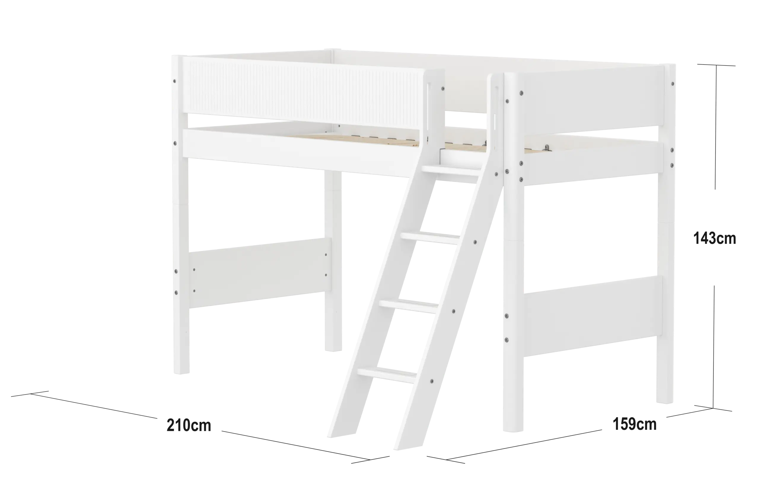 Lit surélevé 143 cm avec échelle et barrière de sécurité, 90x200 cm, Blanc