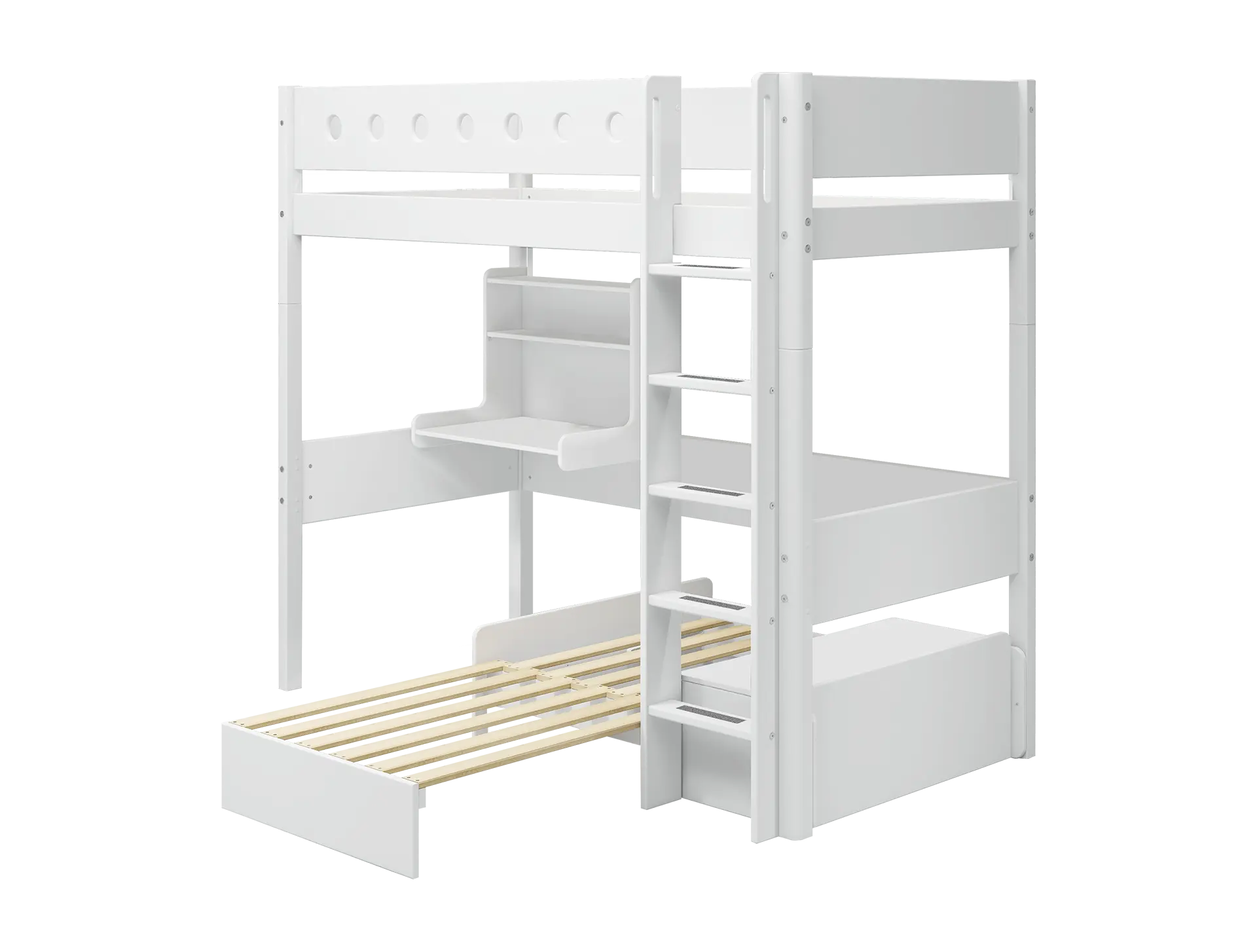 Lit superposé 184 cm avec bureau, canapé, échelle et barrière de sécurité, 90x200 cm, Blanc