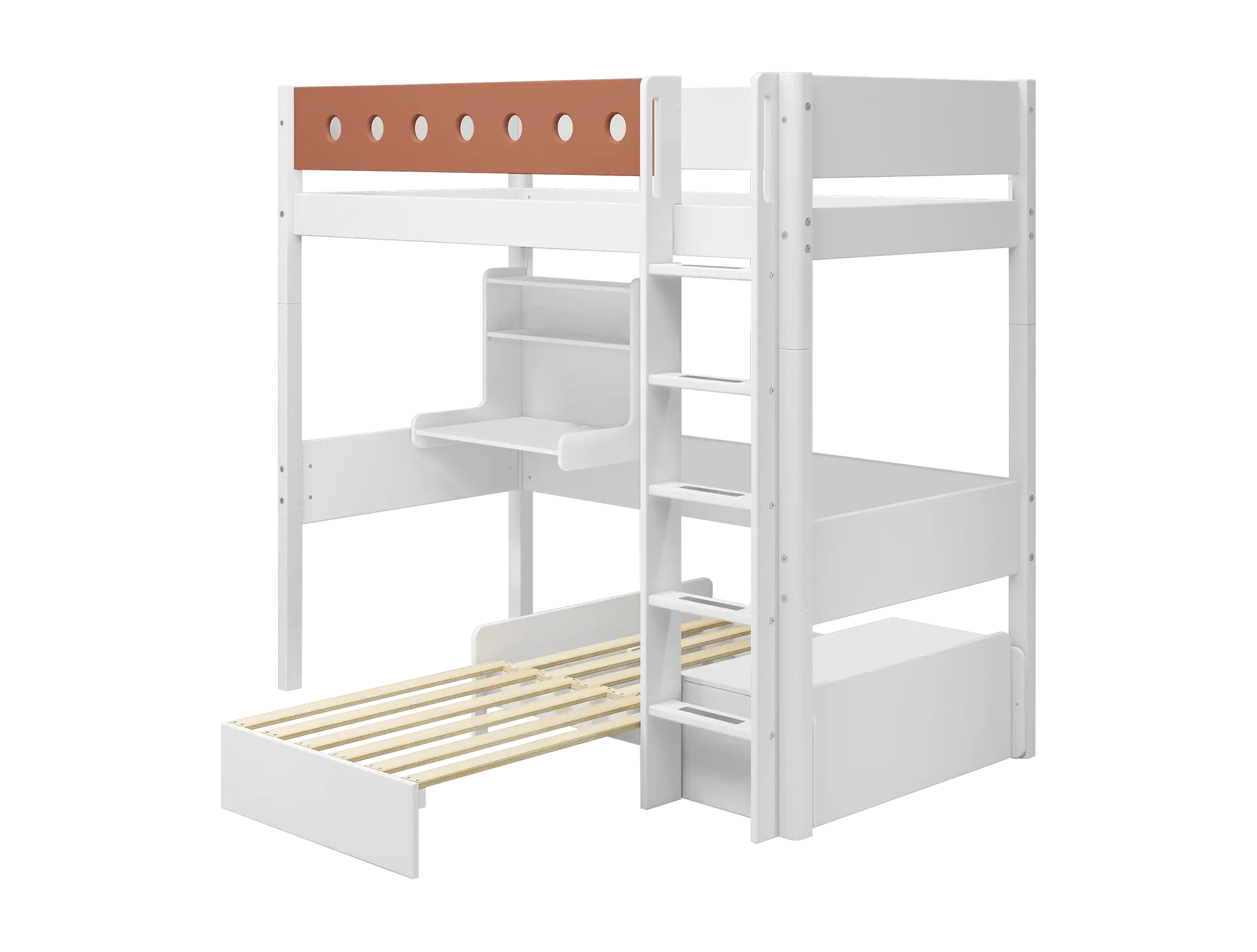 Lit surélevé de 184 cm avec bureau, canapé, échelle et barrière de sécurité, 90x200 cm, Blanc