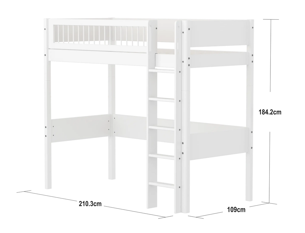 Lit surélevé 184 cm avec échelle et barrière de sécurité, 90x200 cm, Blanc