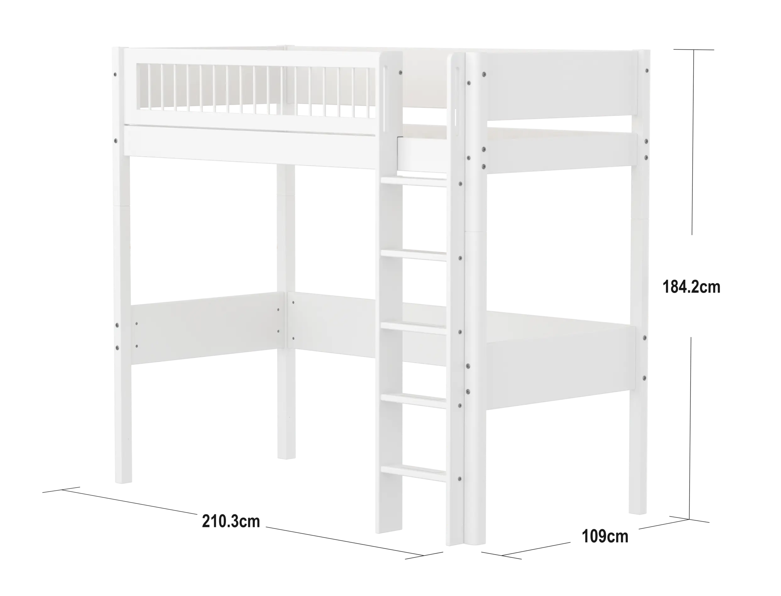 Lit surélevé 184 cm avec échelle et barrière de sécurité, 90x200 cm, Blanc