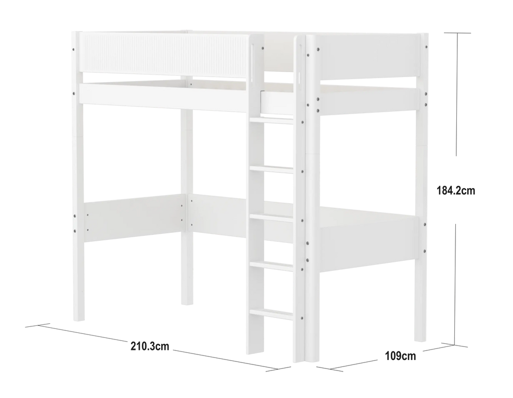 Lit surélevé 184 cm avec échelle et barrière de sécurité, 90x200 cm, Blanc