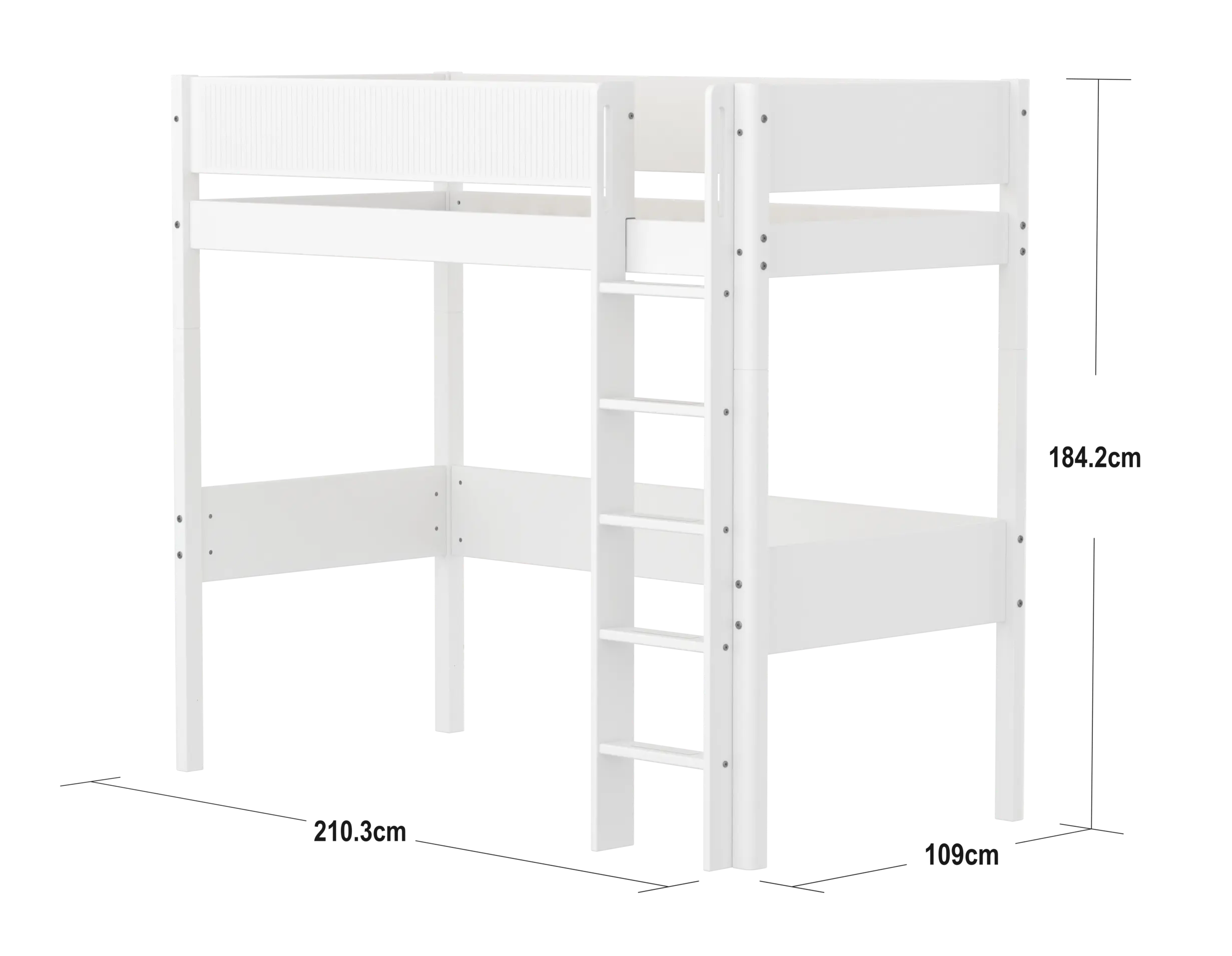 Lit surélevé 184 cm avec échelle et barrière de sécurité, 90x200 cm, Blanc