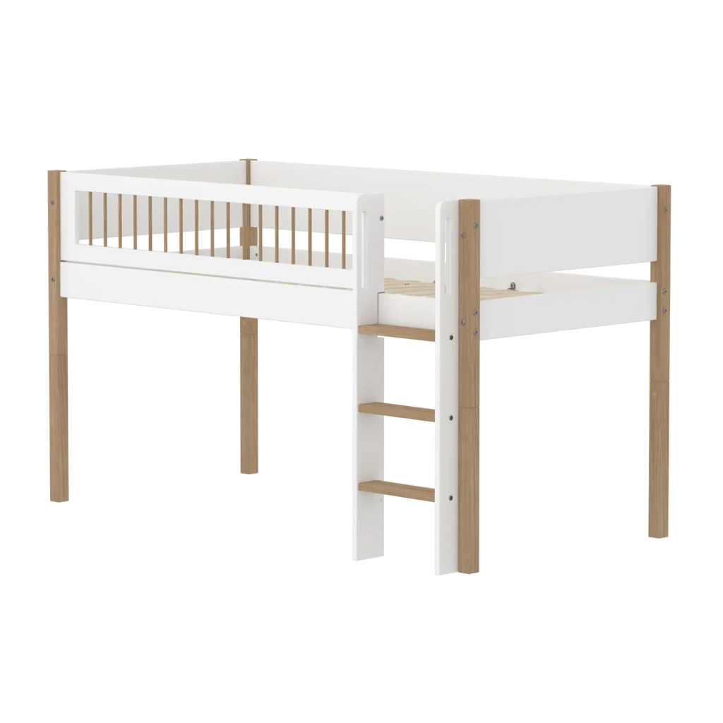 Lit mezzanine 120 cm avec échelle et barrière de sécurité, 90x200 cm, Blanc/Chêne