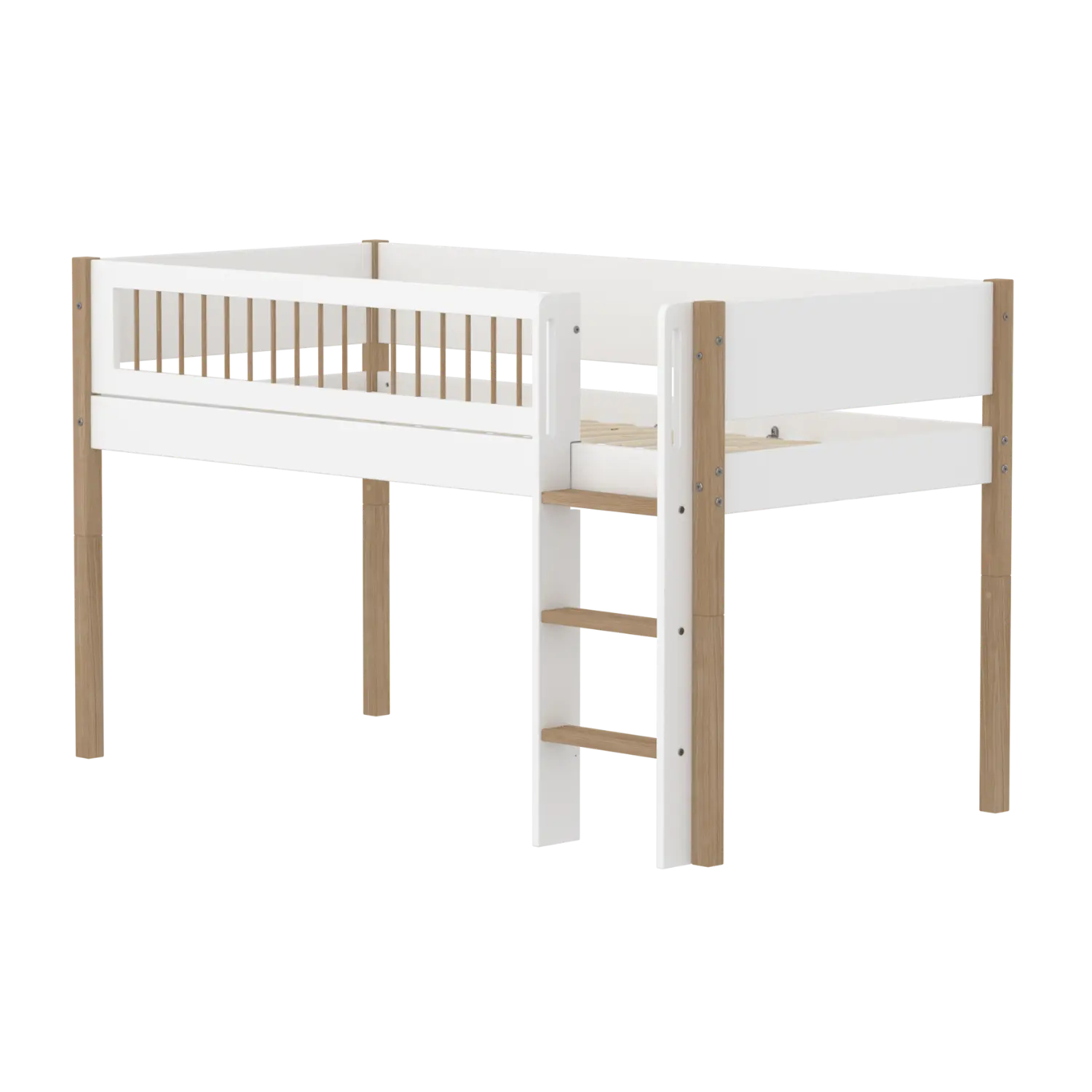 Lit mezzanine 120 cm avec échelle et barrière de sécurité, 90x200 cm, Blanc/Chêne