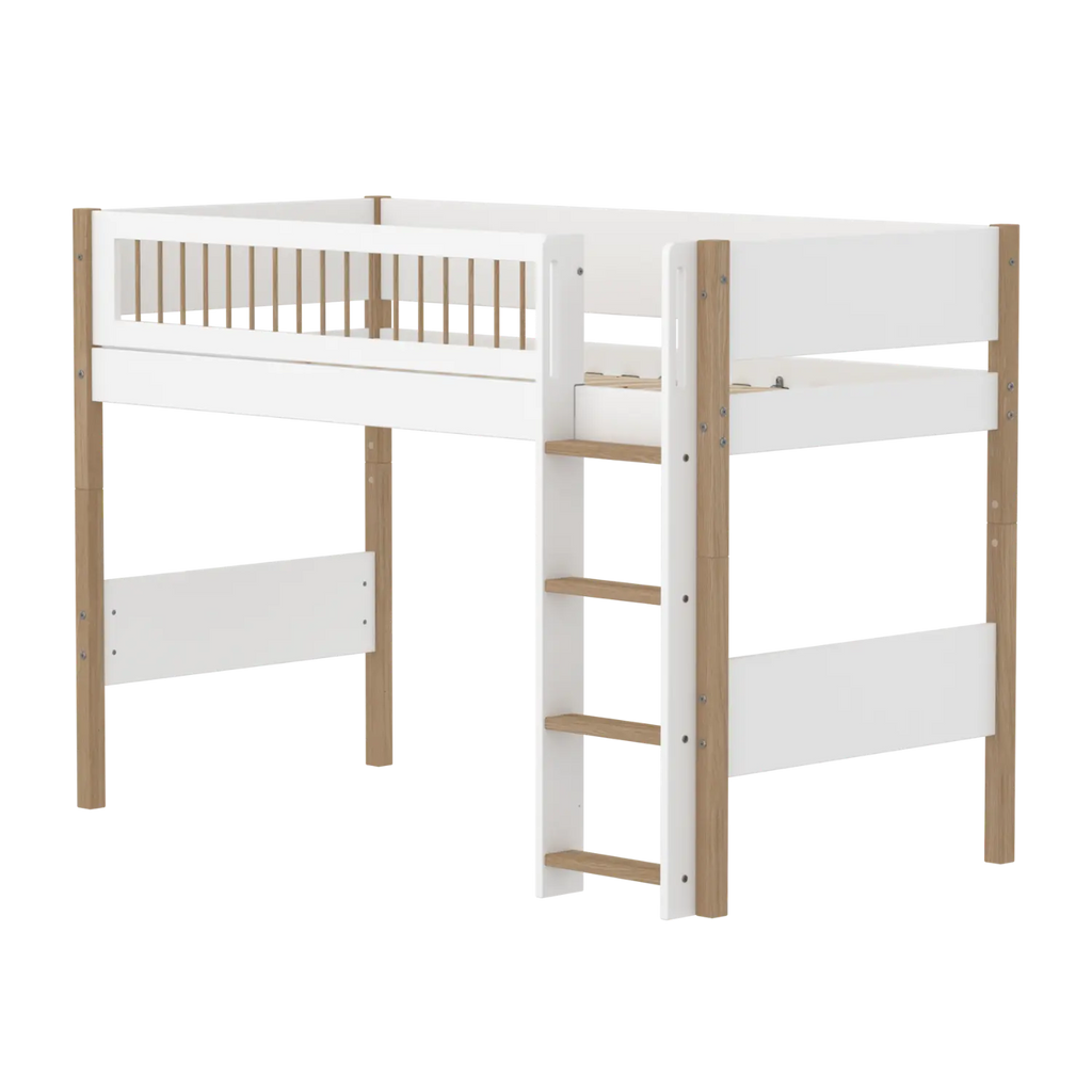 Lit surélevé 143 cm avec échelle et barrière de sécurité, 90x200 cm, Blanc/Chêne