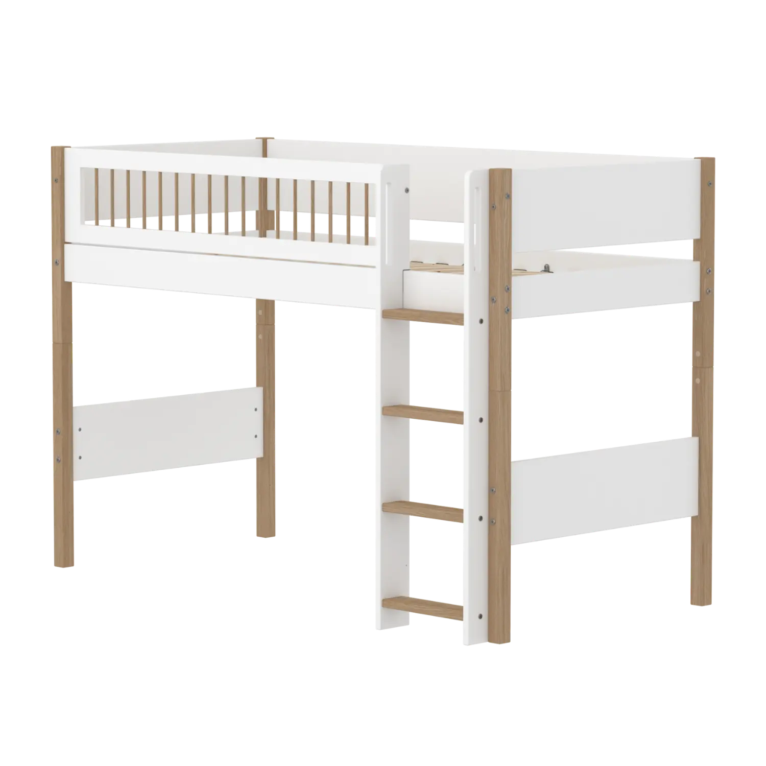 Lit surélevé 143 cm avec échelle et barrière de sécurité, 90x200 cm, Blanc/Chêne