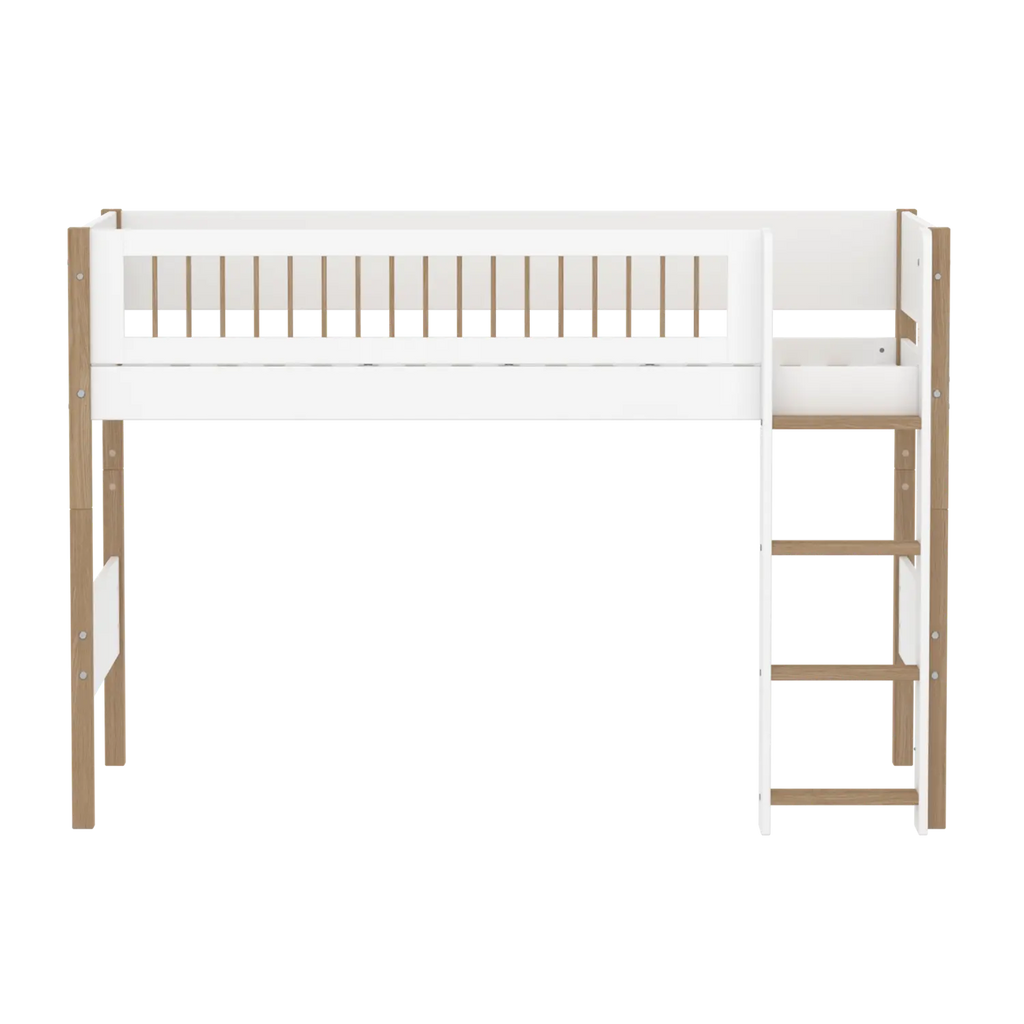 Lit surélevé 143 cm avec échelle et barrière de sécurité, 90x200 cm, Blanc/Chêne