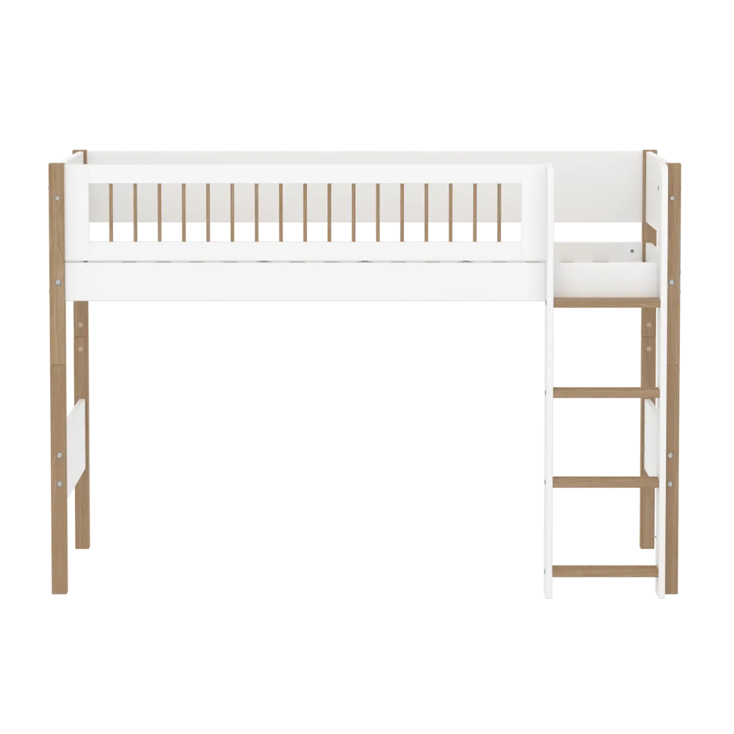 Lit surélevé 143 cm avec échelle et barrière de sécurité, 90x200 cm, Blanc/Chêne