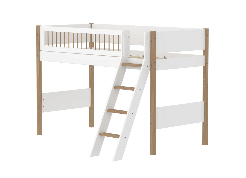 Lit mezzanine 143 cm avec échelle et barrière de sécurité, 90x200 cm, Blanc/Chêne