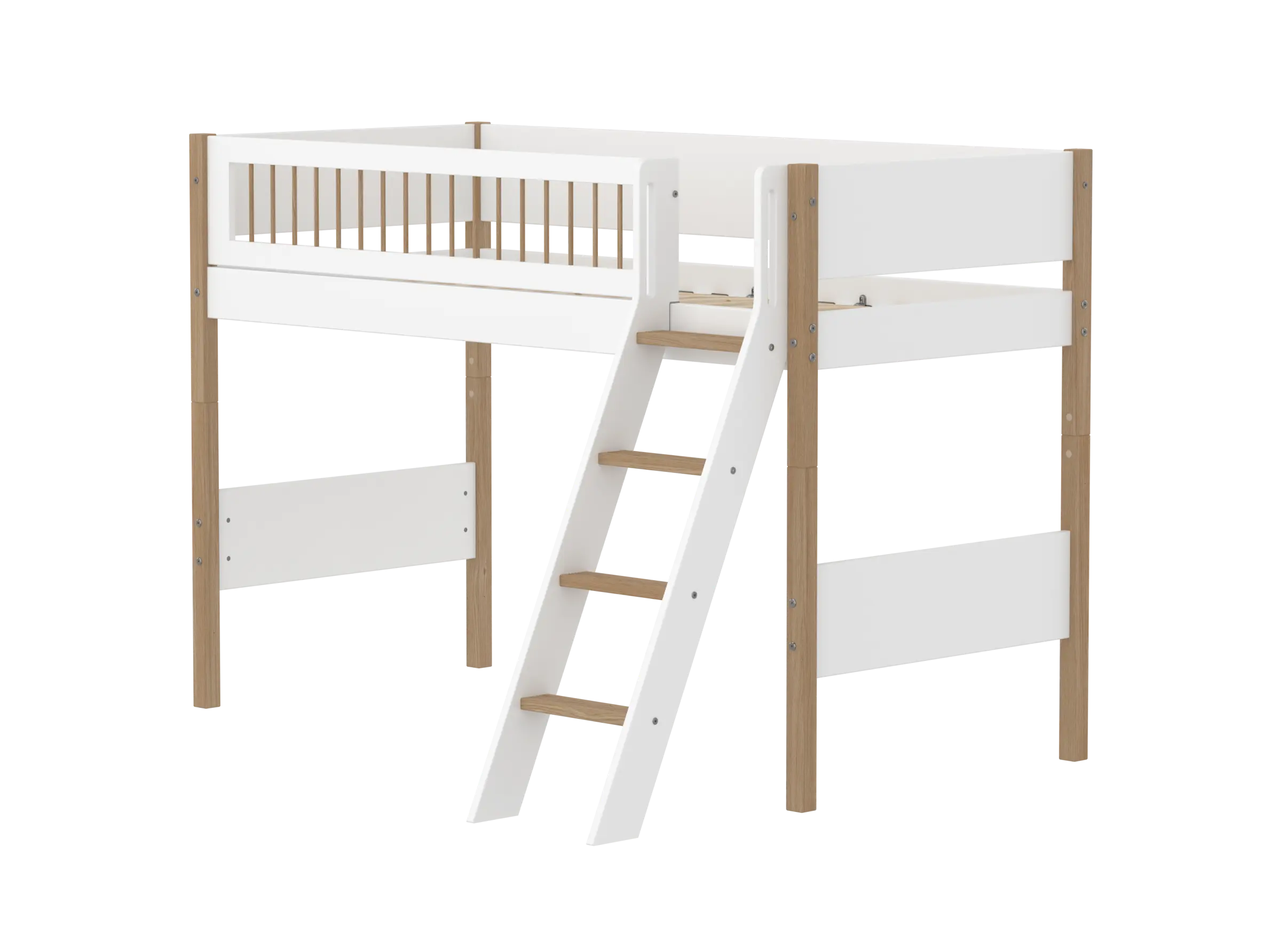 Lit mezzanine 143 cm avec échelle et barrière de sécurité, 90x200 cm, Blanc/Chêne