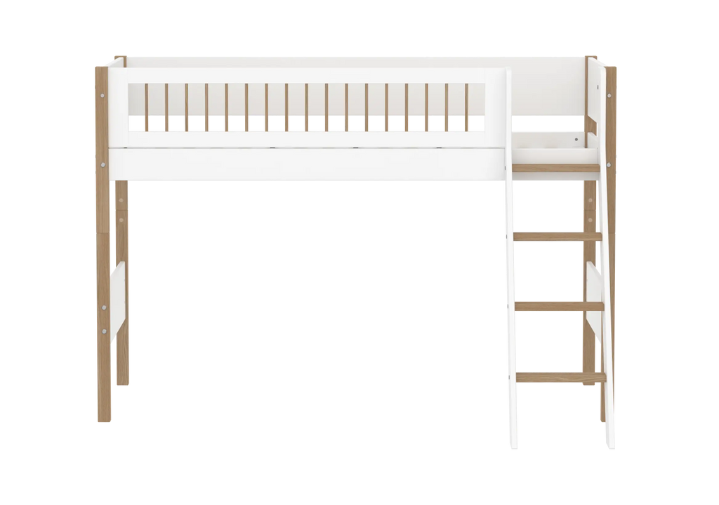 Lit mezzanine 143 cm avec échelle et barrière de sécurité, 90x200 cm, Blanc/Chêne