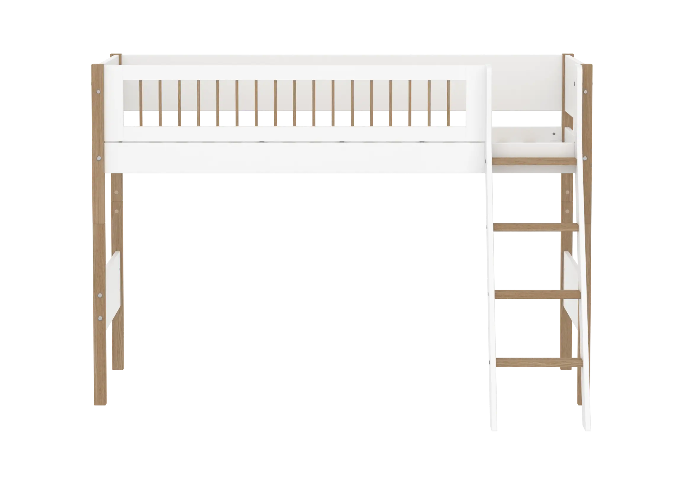 Lit mezzanine 143 cm avec échelle et barrière de sécurité, 90x200 cm, Blanc/Chêne