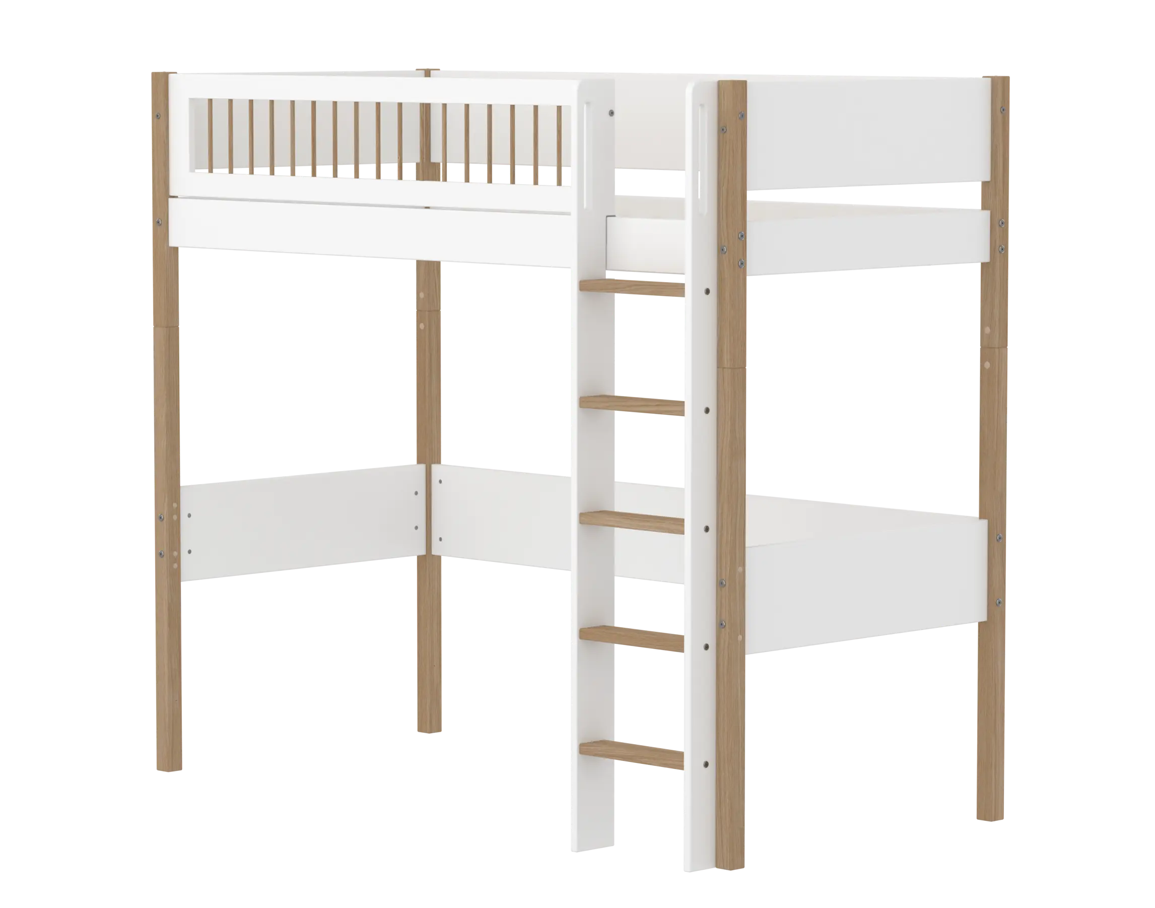 Lit surélevé 184 cm avec échelle et barrière de sécurité, 90x200 cm, Blanc/Chêne