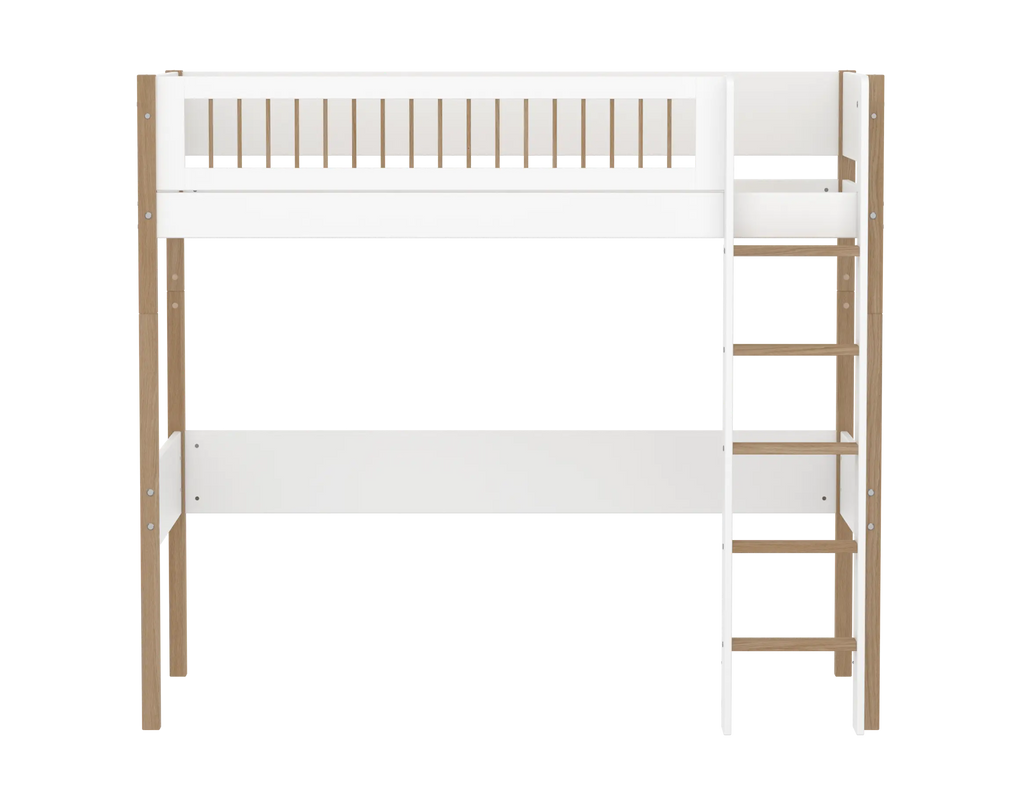Lit surélevé 184 cm avec échelle et barrière de sécurité, 90x200 cm, Blanc/Chêne