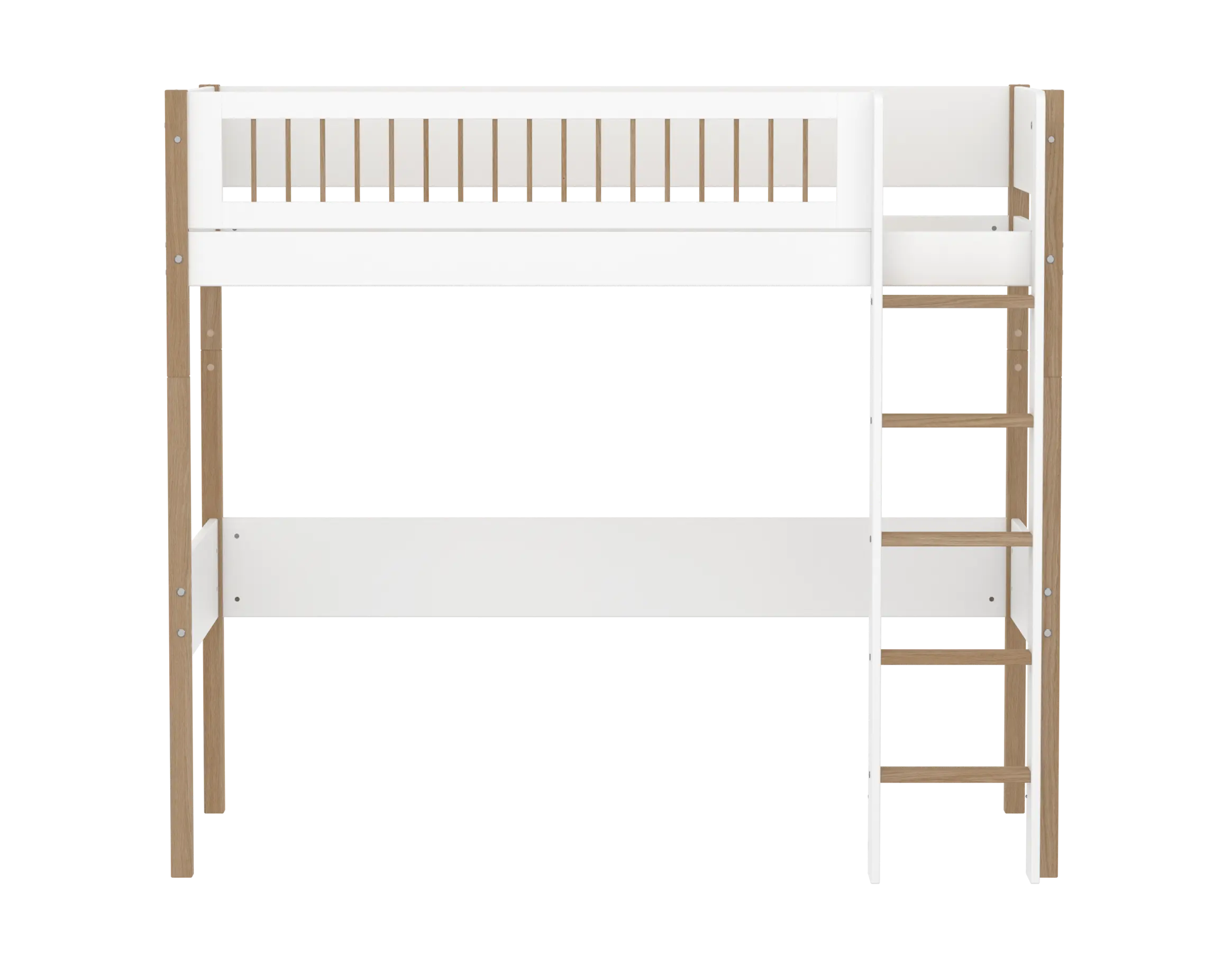 Lit surélevé 184 cm avec échelle et barrière de sécurité, 90x200 cm, Blanc/Chêne